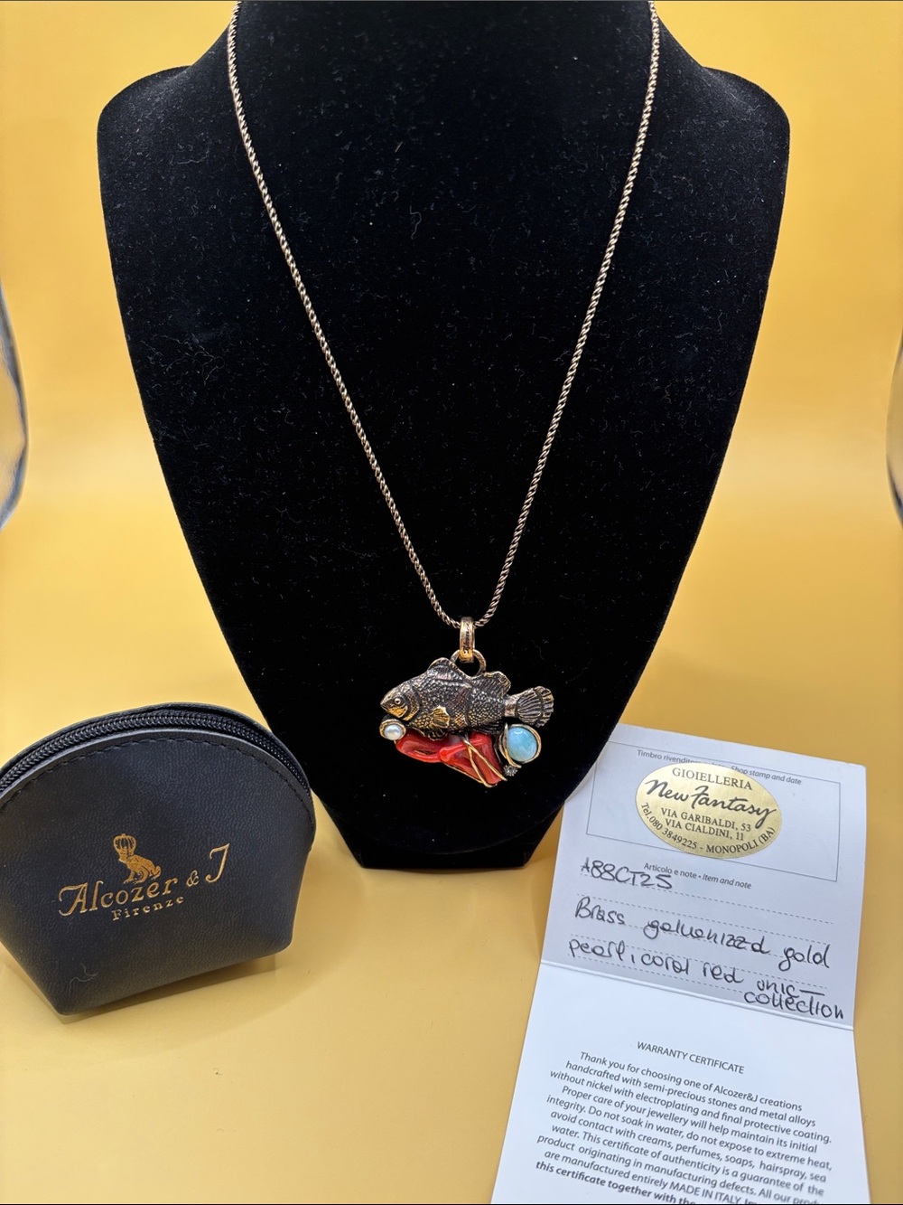 Alcozer & J Vintage Style Fish Pendant Necklace Coral Pearl & Turquoise Accents